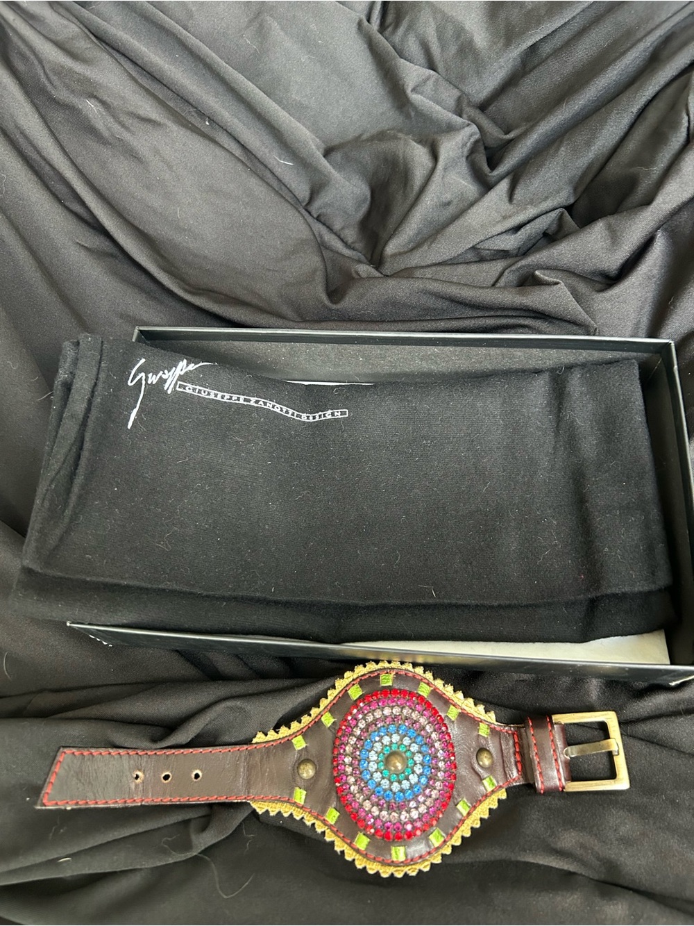 NIB Giuseppe Zanotti Multicolored Crystal Brown Leather Statement Cuff bracelet
